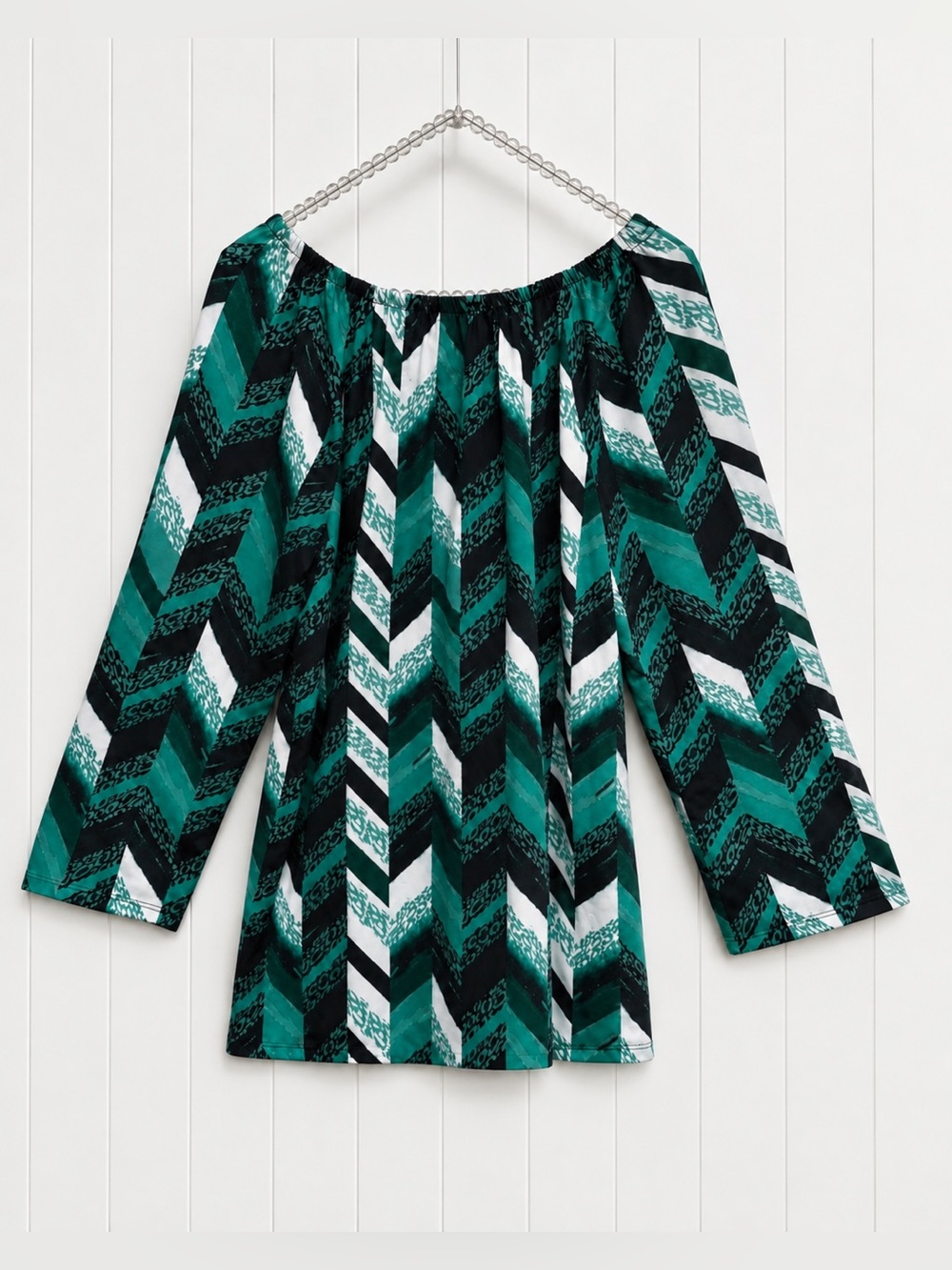 Notations Teal and Black Chevron Blouse | Convertible Sleeves - Picture 2 of 8
